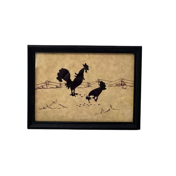 Vintage Rooster Hen Silhouette Farm Art Signed GR Framed Rustic Wall Decor - Picture 15 of 16